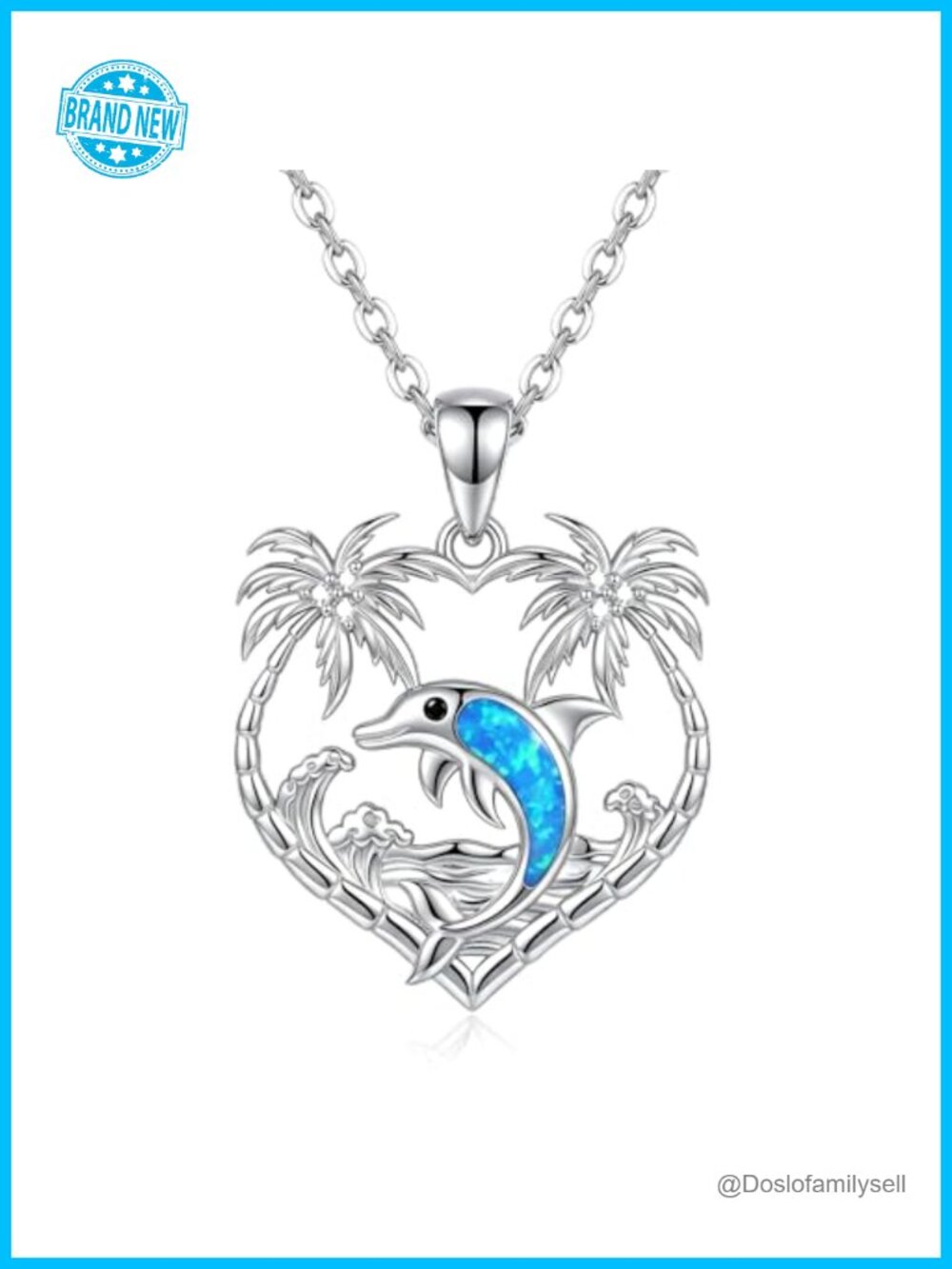 Sterling Silver Blue Opal Dolphin Necklace Lab Grown Diamond Palm Tree Pendant